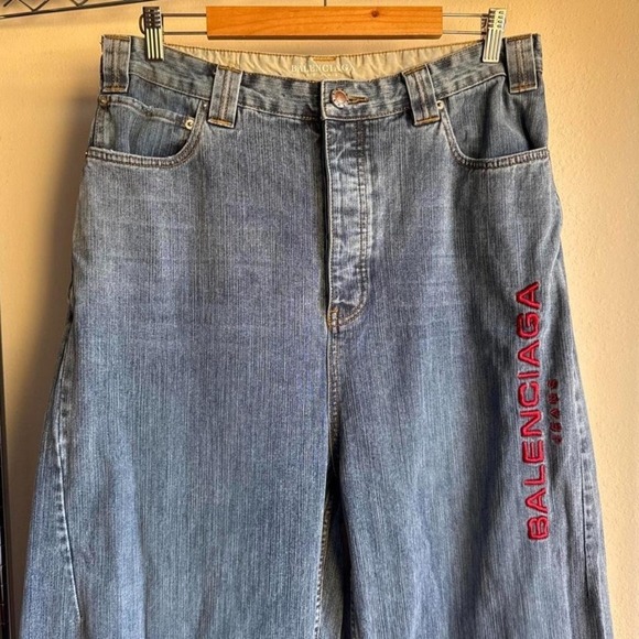 JNCO Other - Blue Medium wash Balenciaga Jnco Style wideleg baggy denim jeans red logo